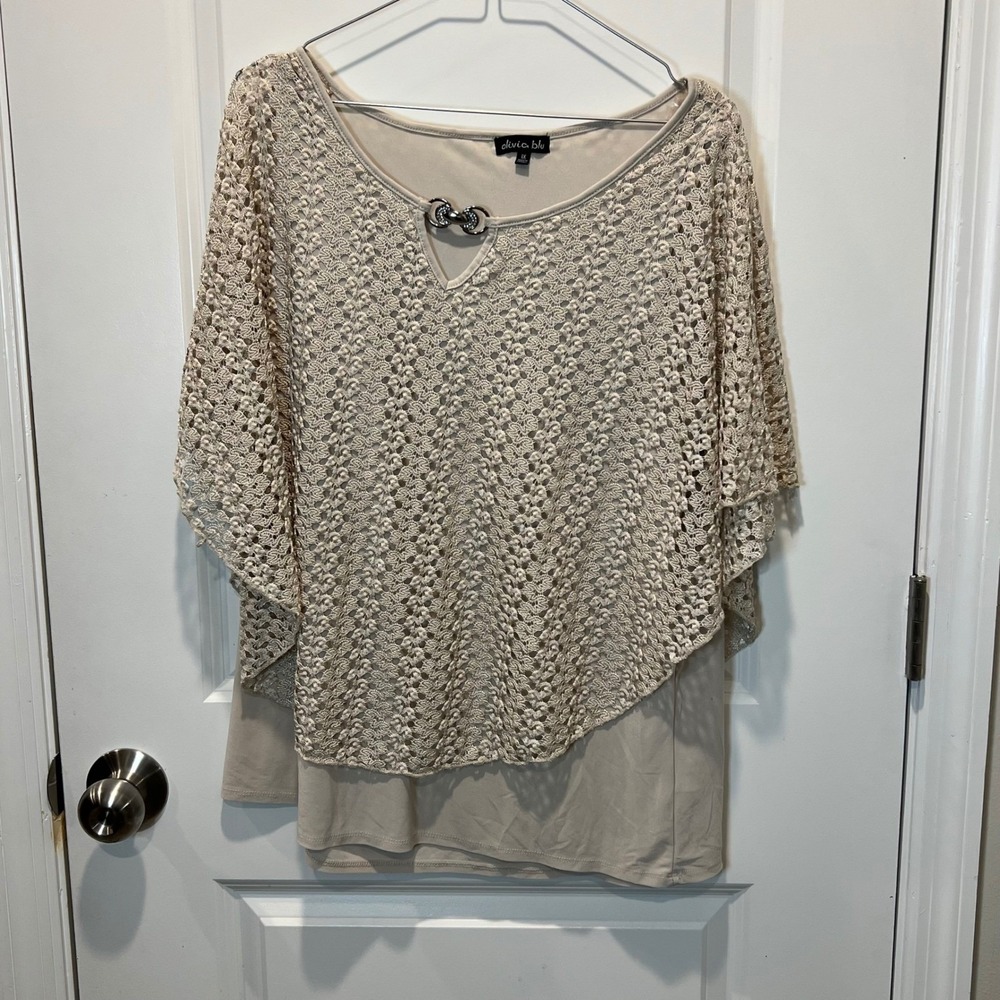 Olivia Blu Womens Poncho Top Layered Crochet Rhinestone Beige 1X